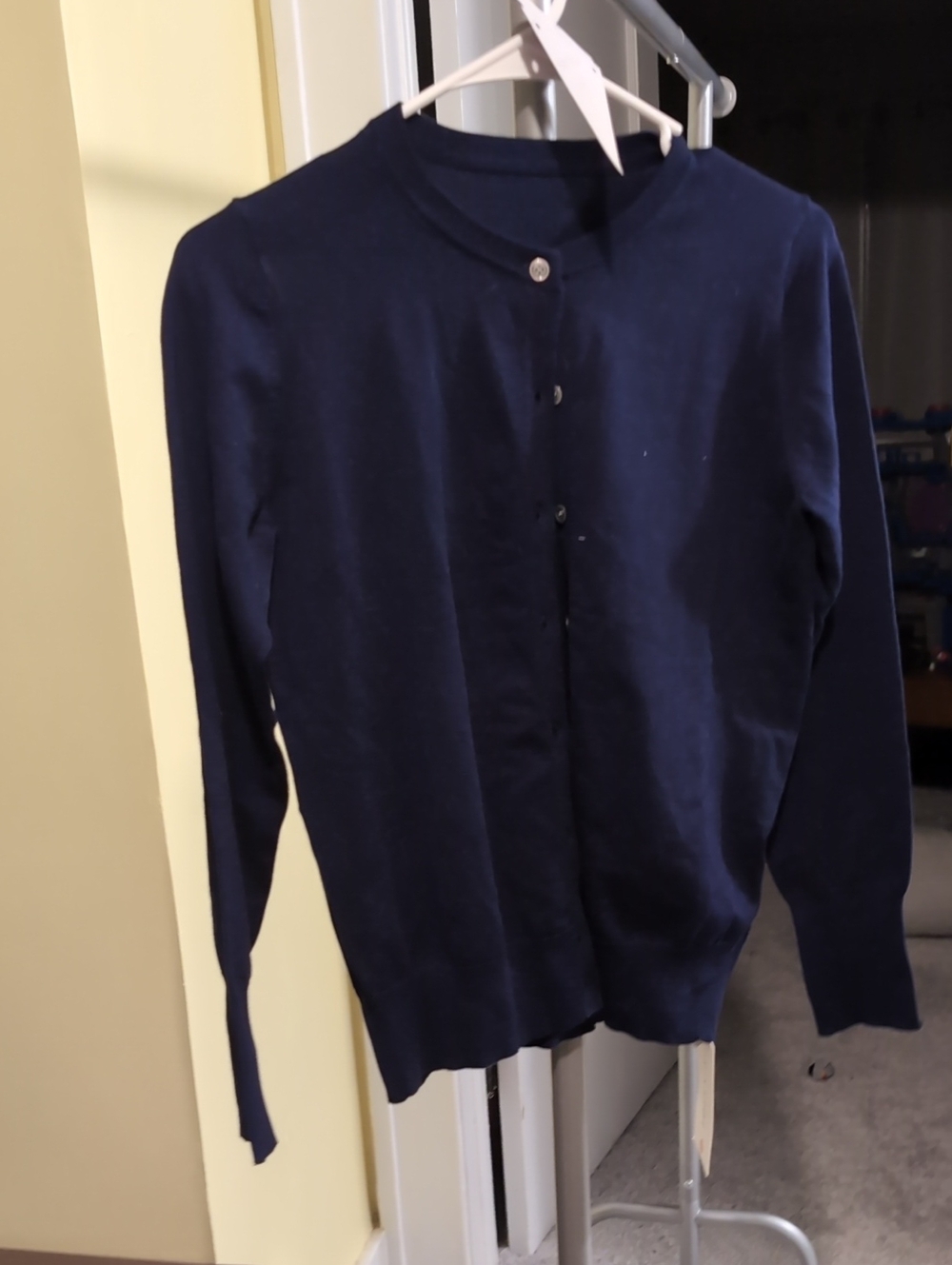 Women's Navy Button-Front Crewneck Cardigan Sweater